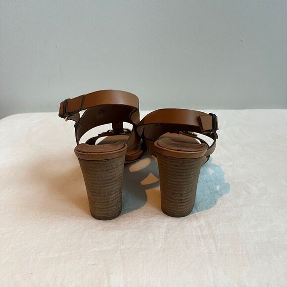 J.Crew Made in Italy Tan Leather Gold Finished Hardware Heel Sandal Size 8 - Picture 3 of 10